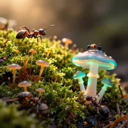 a beautiful macro photography of luminescence moss with fungus and neon mushroom with real little bugs and giant ants, hyper detailed, warm volumetric lights, made by gerald brom and mike winkelmann, photorealism