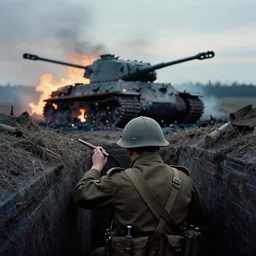 an analog color photograph of a ww 2 soldier from behind in a trench. in the background there is a burned down sherman tank with smoke and fire at dusk. christopher nolan style. cinematic!! shot. cinematography. detailed. hq. in - frame. imax. anamorphic film. anamorphic bokeh!!!. kodak. helios 4 4 m.