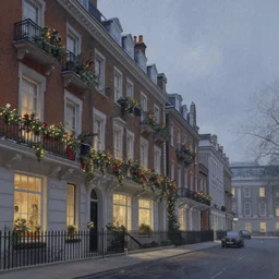 Victorian city street with balconies and plants on a Christmas winter in London, evening, low angle view, detailed matte painting, cinematic, John Atkinson Grimshaw, Artstation