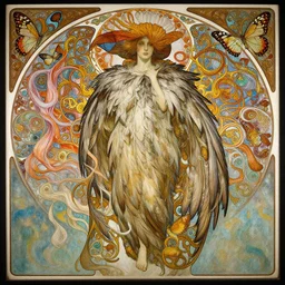 a beautifull intricate painting of a disembodied soul wearing a feathered cloak surrounded by ornate tendrils, butterflies, fractals, flying silk, vivid colors, hyper detailed, artstation, by jeremy mann, by alphonse mucha,