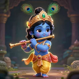 little lord krishna, wearing a peacock feather on his crown, holding flute in one hand, structured hand, cute face, focus, full body, anime, 2 d, illustration, concept art trending on artstation, devainart, clear face, cinematic lighting, atmospheric, magical effect, glowing effect, hd, hyperdetailed, hyperreal