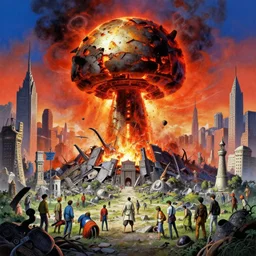 a surreal art depicting the fall of civilization and humanity by nuclear bomb by Greg Rutkowski, Zdzislaw Beksinski, Makoto Shinkai Paul Lehr and M. C. Escher, digital art, vibrant color, trending on artstation, HD, 8K, highly detailed, good lighting, beautiful, epic, masterpiece, surreal, detailed, sharp,-H 512