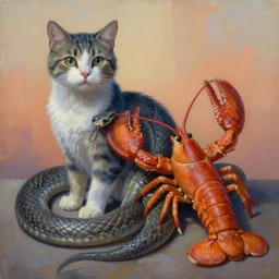 painting of hybrid between cat!!!! & snake & lobster, animal has lobster skin, animal has snake body, intercrossed animal, by zdzislaw beksinski, by lewis jones, by mattias adolfsson, cold hue's, warm tone gradient background, concept art, beautiful composition, digital painting