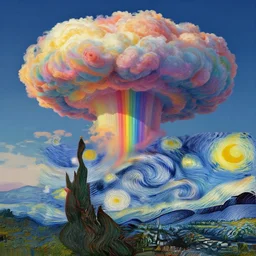 a rainbow nuclear mushroom cloud in wastelands, detailed, trending on artstation, by vincent van gogh and dan mumford,