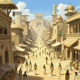 Main street in an epic ancient Egyptian-style city at midday, anime, cinematic, a fantasy digital painting by Greg Rutkowski and James Gurney, trending on Artstation, highly detailed