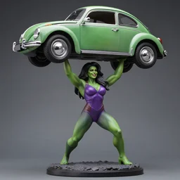 maquette sculpture of the sensational she hulk dressed as an avenger, lifting a volkswagen beetle over her head, hyperreal, highly detailed, in the style of jordu schell