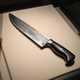 A Damascus steel knife is sitting in a display case in a museum.