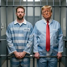 portrait of Alex Jones and Donald trump wearing prison clothes and in a prison jail cell behind bars, Greg rutkowski , craig mullins, vibrant color, cinematográfica, digital Art, trending on artstation, octane