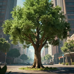 a tree with a wide trunk planted in the middle of a city with high details, digital art, artstation, cinematografic