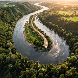 landscape photo of river in the shape of normal spinal curvature, wide drone photo, golden hour, lush green vegetation