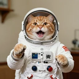 1 9 8 0's color photo of ginger cat in spacesuit giving passionate public speech