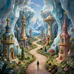 beguiling epic stunning beautiful insanely detailed matte painting of an impossible path winding through arctic dream worlds with surreal architecture designed by heironymous bosch, structures inspired by heironymous bosch's garden of earthly delights, vast surreal ice interiors by cyril rolando and asher durand and natalie shau, masterpiece, imaginative, whimsical, great composition, sense of awe