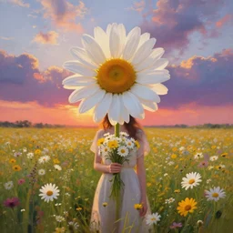 head made of giant daisy, girl standing in a vast flower field, holding flowers, surreal photography, sunrise dramatic light, impressionist painting, colorful clouds, large sky, digital painting, artstation, simon stalenhag, flower face