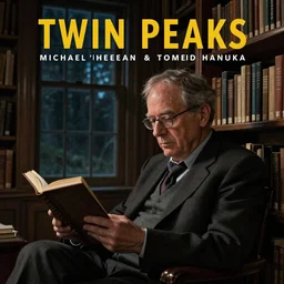 Twin Peaks movie poster artwork by Michael Whelan and Tomer Hanuka, Rendering of Noam Chomsky reading in the library late at night, from a scene from Twin Peaks, clean, full of detail, Matte painting, trending on artstation and unreal engine