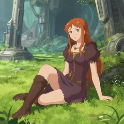 girl sitting on a grass in a setting of Medieval Futurism, Retrofuturism, medieval, science fiction by JeeHyung lee, Anna Nikonova aka Newmilky, trending artstation, 2D art, 2dcg