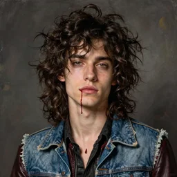 Portrait of a pretty punk rock young man with messy long curly dark brown hair and a denim vest over a leather jacket, a single drop of blood dripping down his chin and neck, painted by William Blake Richmond and jeff jordan