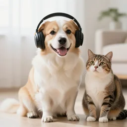 a photograph of a dog and a cat wearing headphones in a light room, serene, happy, 8 k resolution, bokeh
