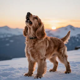 A light brown English Cocker Spaniel howling on a snowy mountain, photo realistic, well detailed, with a sunset