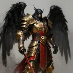 crow warrior in heavy armor. black wings. red and gold clothes. digital painting, hd, highly detailed.