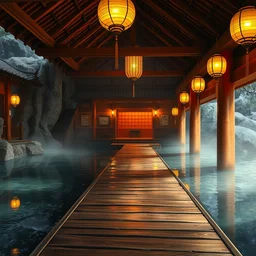 cozy fantasy empty onsen with wood walkways next to grand japanese pogota red and gold by greg rutkowski craig mullins ross tran mucha kimonos levitating lanterns lumen reflections matte painting fantasy specular lighting trending on artstation