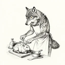 wolf in an apron, cooking a rabbit. book illustration, black ink on paper, by famous book illustrator