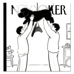 a still frame from comic strip, two people hanging a black fluffy dog 1 9 5 0, herluf bidstrup, new yorker illustration, monochrome contrast bw, lineart, manga, tadanori yokoo, simplified,