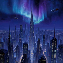 massive futuristic city, skyscrapers pointing to the sky, flying vehicles, night, quiet, blue and purple color scheme, andromeda krogan nebula aurora, detailed painting bioluminance alena aenami artworks in 4 kby gustave darrow, moebius!! dan mumford thomas kinkade