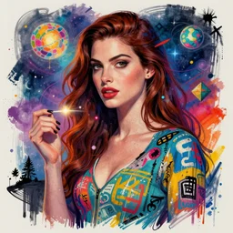 a sketch, ultra detailed, colorful, mystical travel, magic, universe, beautiful woman, similar to anne hathaway, surreal, in style of jean - michel basquiat, trending on artstation
