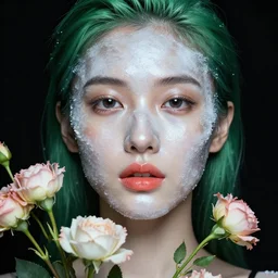 Portrait of a very beautiful woman, models, close-up, ice, steel skin, high sharpness, zeiss lens, fashion photo shoot, flowers, green hair, Coral lipstick, on a background of black , in semi-darkness, Edward Buba, Annie Leibovitz, Paolo Roversi, David Lazar, Jimmy Nelsson, Eiko Hosoe, artistic, hyper-realistic, beautiful face, octane rendering
