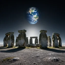 stonehenge! on the moon surface, planet earth visible above the horizon, low perspective, hyperrealistic octane render, backlit