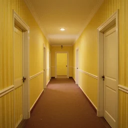 a familier room with endless hallways, yellow wallpaper, airbrush painting, 8 k, detailed, 1 9 8 0 s,