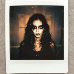 polaroid photograph of a creepy person in a room