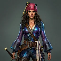Swashbuckling female pirate with iridescent shark skin, digital art, wearing shark skin clothing, digital art