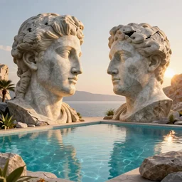 Filip Hodas, minimalistic, hyperrealistic surrealism, award winning masterpiece with incredible details, epic stunning, infinity pool, a surreal vaporwave liminal space, highly detailed, trending on ArtStation, artgerm and greg rutkowski and alphonse mucha, daily deviation, IAMAG, broken giant marble head statue ruins, golden hour
