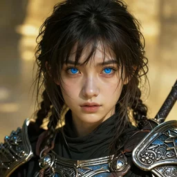 vivid close up portrait of the young girl warrior, in style of Dark Souls 3 and Elden Ring, by Wlop, blue eyes, fantasy matte painting, golden ratio, trending on cgsociety, cinematic, highly detailed, trending on artstation, highly detailed, vibrant