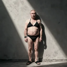 putin in a bikini, in the style of banksy