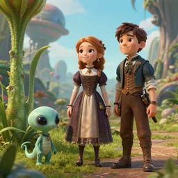 in a steampunk world, a girl and a boy standing next to some alien plants, looking happy, wearing victorian clothes, their cute pet alien creature is nearby, in a park on a alien planet, ultra realistic facial details, enhanced faces, nice faces, ultra photorealistic raytracing, 8k