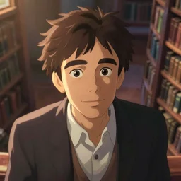 animation still frame of karl pilkington high angle closeup portrait, blurry background of the library, disney, pixar, bloom, medium shot, dramatic lighting, in the style of studio ghibli, j. c. leyendecker, greg rutkowski, artgerm