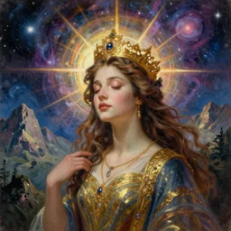 detailed artistic scene of theme, a dreaming queen, in the background with mountains and universes, detailed artistic scene of styles expressive, powerful, inherent