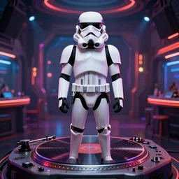 closeup potrait of stormtrooper dj standing on a giant science fiction turntable a cantina rave, moebius, 8 k, octane, symmetrical