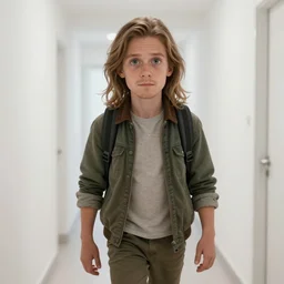 a man wearing a travel outfit walks down a white corridor by olivia malone, long hair, amazingly detailed, fantastic detailed eyes, pretty face, aged 2 5, swedish, photo realistic, photograph, 3 5 mm, octane render, trending on artstation