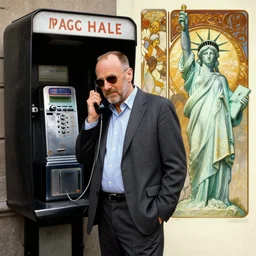 saul goodman at a payphone, painting by'phil hale '!!! gaston bussiere, craig mullins, greg rutkowski, alphonse mucha, lady liberty