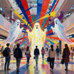 people in mall with ghosts, apocalypse, colorful, in the style of frantisek kupka, intricate, miles johnston, cynical realism, john william godward, painterly, yoshitaka amano, miles johnston, louise zhang, pekka halonen, finnish naturalism, realism, realist style, cynical realism, magnus enckell, jean