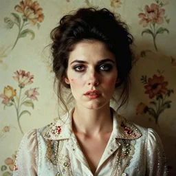 a beautiful but serious woman in layers of fear, with haunted eyes and dark hair piled on her head, 1 9 7 0 s, seventies, floral wallpaper, wilted flowers, a little blood, morning light showing injuries, delicate ex embellishments, painterly, offset printing technique