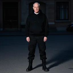 john paul ii standing in a black hoodie, black cargo pants and high black boots, evening time, dark