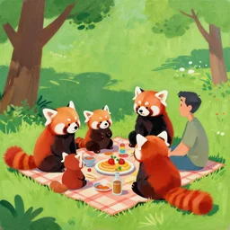 greg manchess painting of a family of red panda characters having a picnic in the park, picnic blanket, food and drink, medium shot, asymmetrical, profile picture, organic painting, sunny day, matte painting, bold shapes, hard edges, street art, trending on artstation, by huang guangjian and gil elvgren and sachin teng