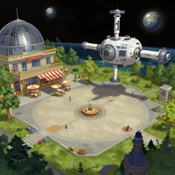 on a spacestation, next to an open plaza area with a restaurant to the side, from a point and click 2 d graphic adventure game, art inspired by [ [ thomas kinkade ] ] and mark keathley and greg rutkowski