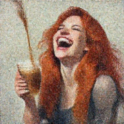 painting by jon hale of red haired woman with pierced septum holding a coffee and laughing, massive laugh, motion lines, happy face, spilling coffee, dripping liquid, visible brushstrokes, hd