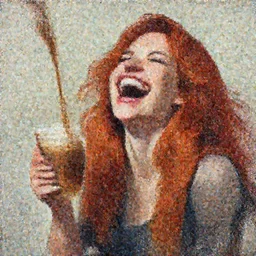 painting by jon hale of red haired woman with pierced septum holding a coffee and laughing, massive laugh, motion lines, happy face, spilling coffee, dripping liquid, visible brushstrokes, hd