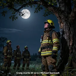 firefighter standing under the tree looking up at the moon in the sky, fine details. night setting. realistic shaded lighting poster by craig mullism, artgerm, jeremy lipkin and michael garmash, unreal engine, radiant light, detailed and intricate environment, digital art,